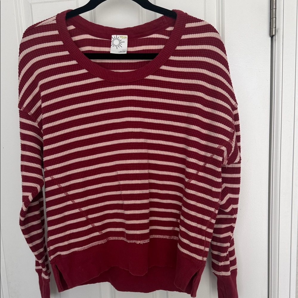 OFFLINE by Aerie Striped Cropped Sweatshirt Red Cream Size S
